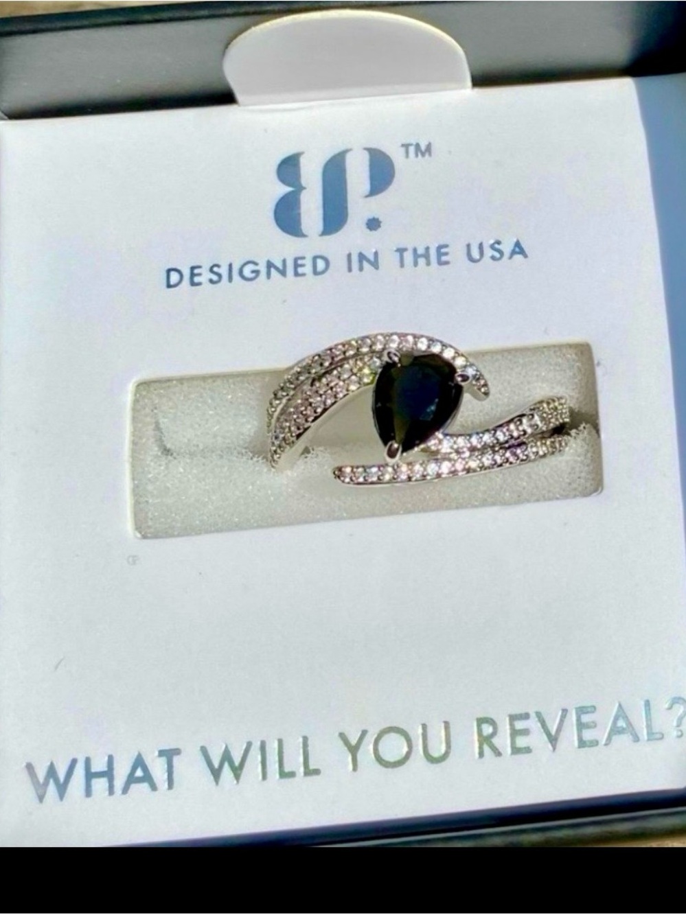 Pear-Shaped Black Stone Silver Ring with Crystal Accents Obsidian